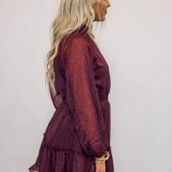 Purple Door Boutique Wine Shimmer Floral Print Dress New Arrivals